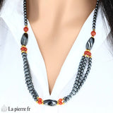 Collier en Hématite et Cornaline (3 rangs) pour femme