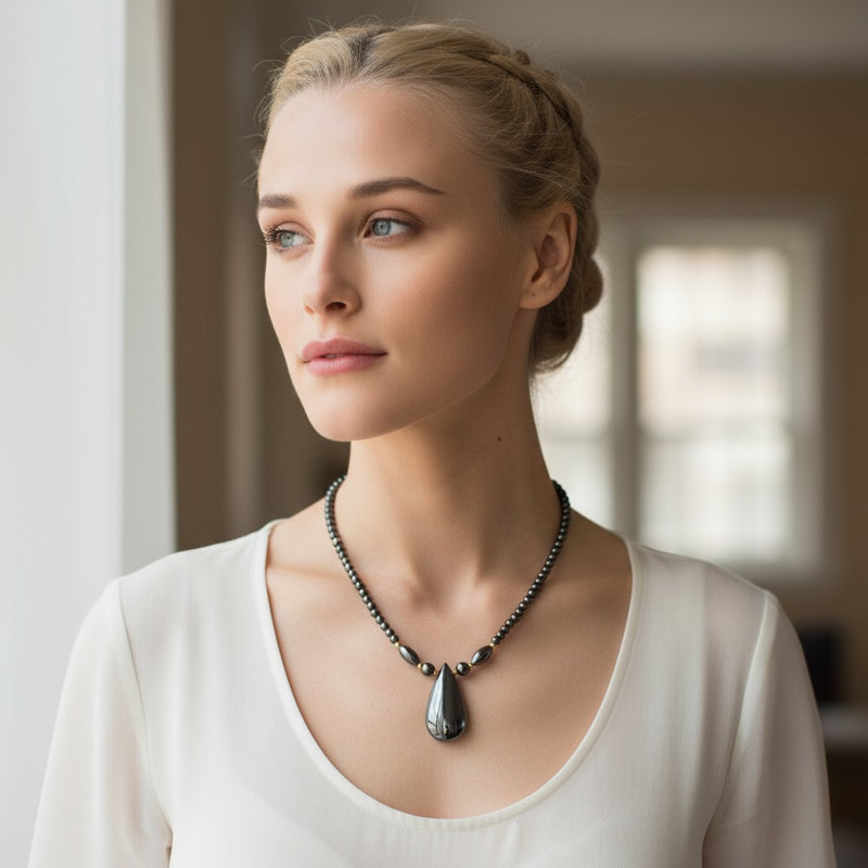 Collier hematite avec pendentif goutte plate au veinage marqué, 47 cm
