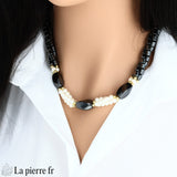 Collier en Hématite et Grappes de Perles Biwa
