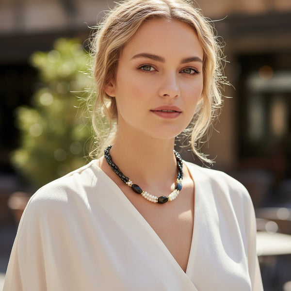 Collier 3 rangs en hématite et grappes de perles biwa, 47 cm