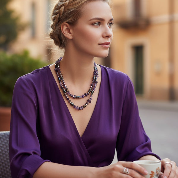 Collier hématite magnétique 90 cm porté en double tour, améthyste
