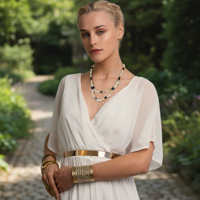 Collier hématite magnétique 90 cm porté en double tour, citrine dorée