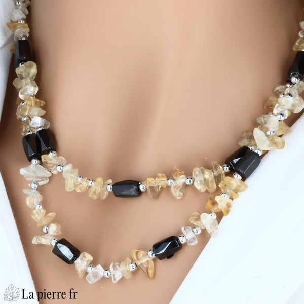 Long collier hématite magnétique et citrine porté en sautoir, La Pierre Fr
