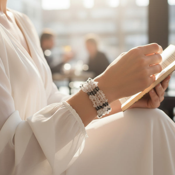 Collier hématite aimantée enroulé en bracelet au poignet, perles de cristal de roche
