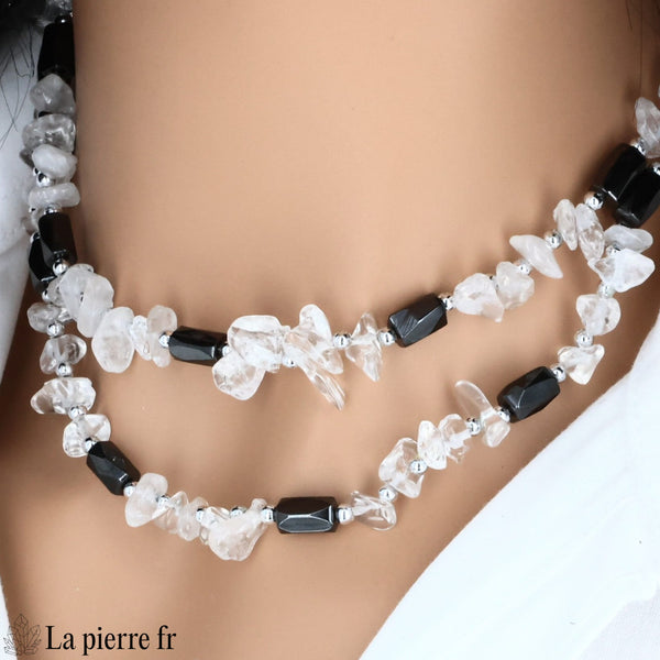Long collier hématite magnétique et cristal de roche porté en sautoir, La Pierre Fr