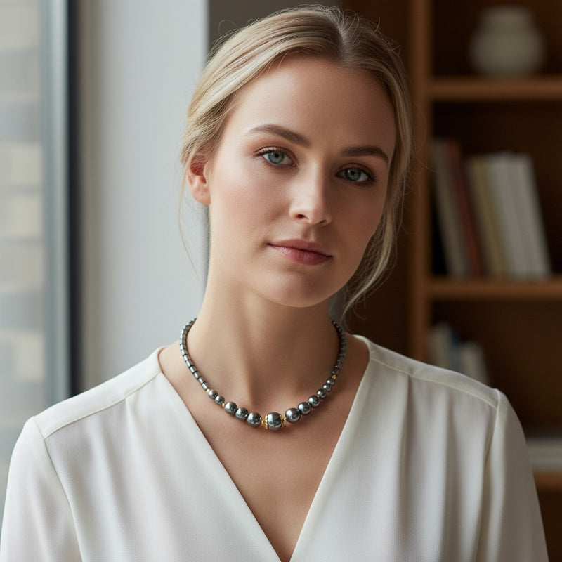 Collier hématite à perles rondes dégradées et perle centrale 10 mm, 45 cm
