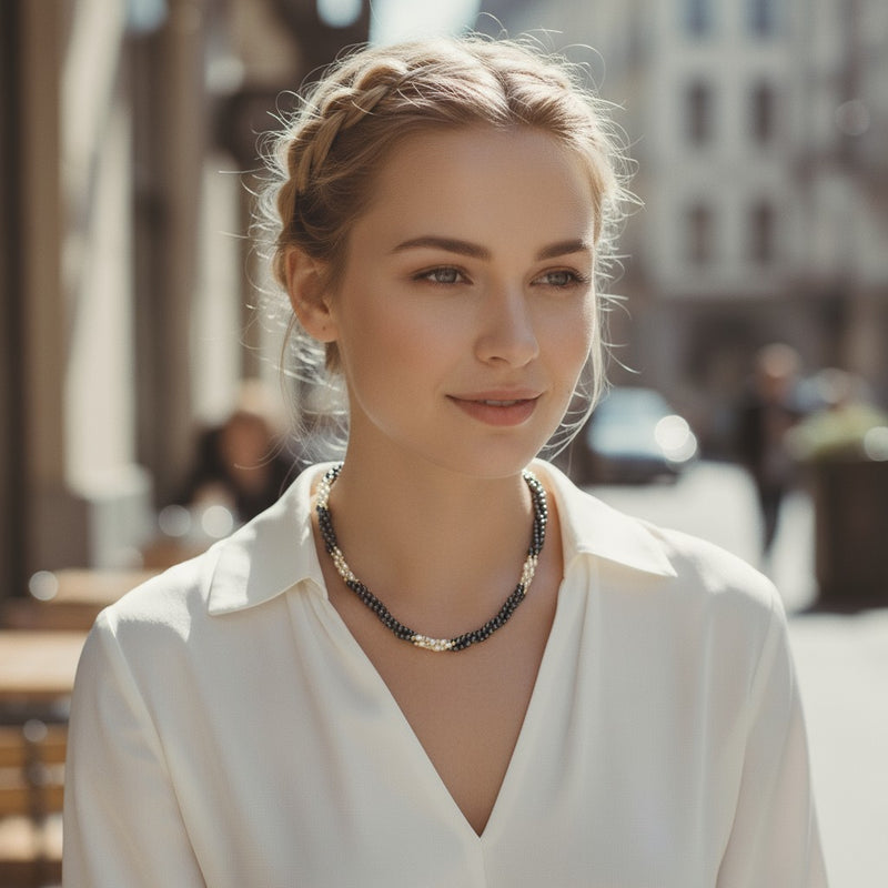Collier 60 cm en hématite 3 rangs et perles de culture biwa blanches