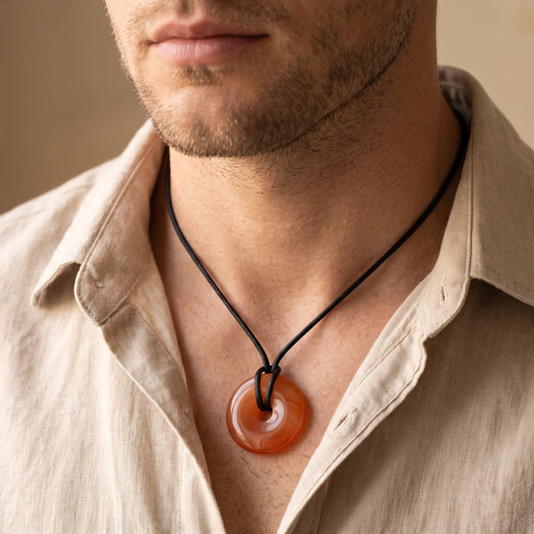 Collier homme pendentif donut en cornaline orange sur cordon noir