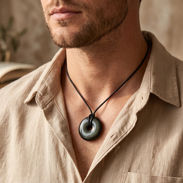 Collier homme pendentif donut en obsidienne œil céleste sur cordon noir