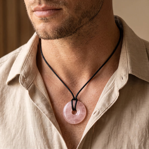 Collier homme pendentif donut en quartz rose sur cordon noir