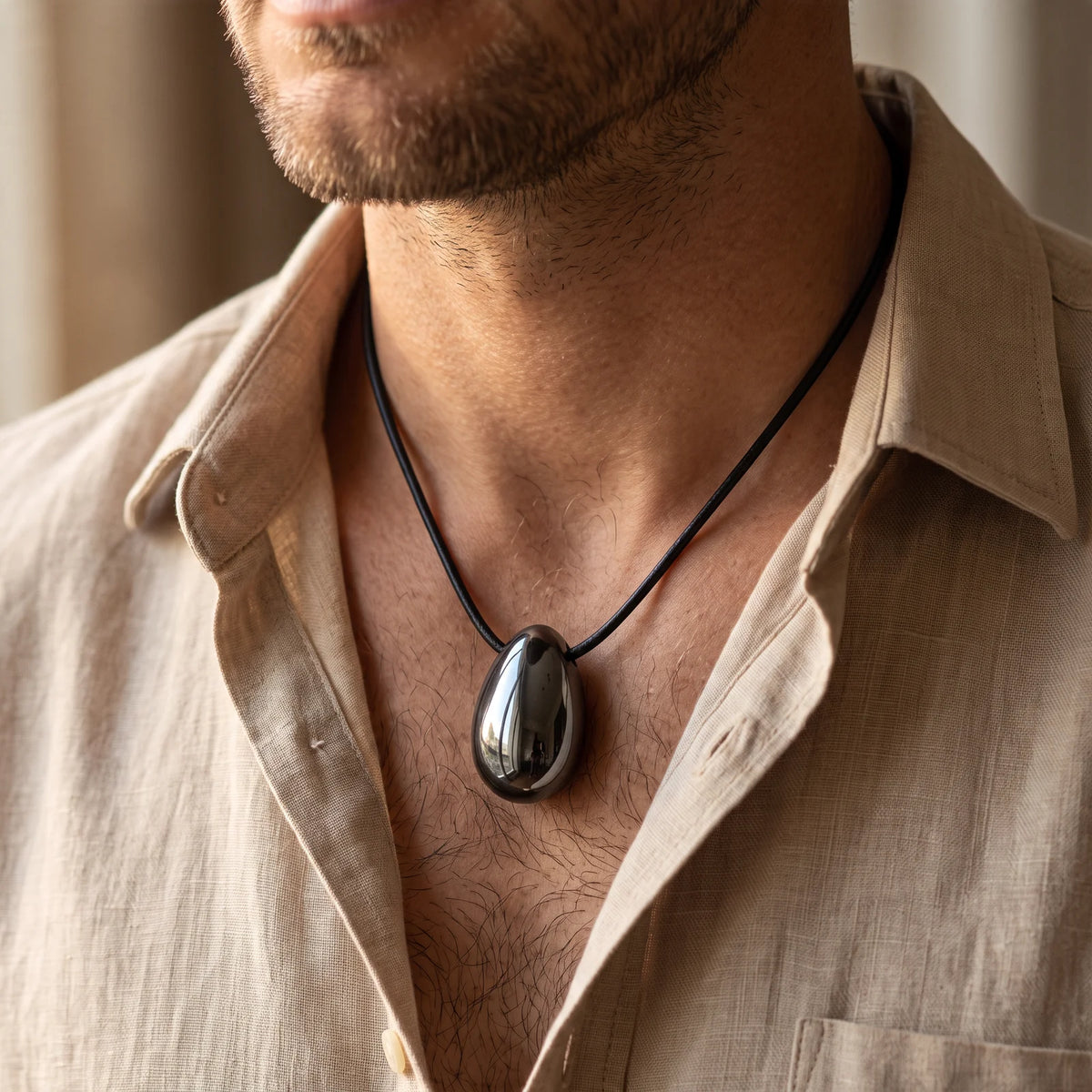 Collier homme pendentif goutte en hématite sur cordon noir