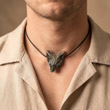 Pendentif Loup Homme en Obsidienne Dorée Sculptée, Cordon Ciré de 50 cm