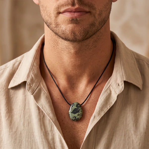 Collier homme pendentif pierre percée en jaspe kambaba sur cordon noir
