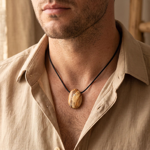 Collier homme pendentif pierre percée en jaspe paysage sur cordon noir