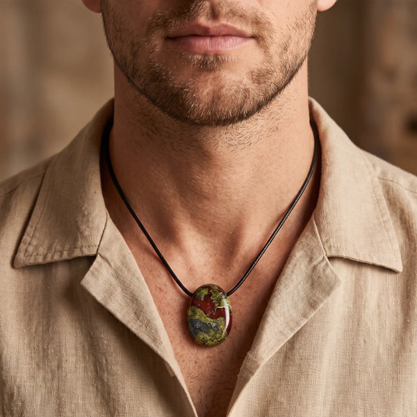 Collier homme pendentif pierre percée en pierre de sang sur cordon noir