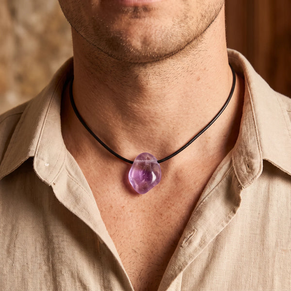 Collier homme pendentif pierre roulée en amétrine naturelle sur cordon noir