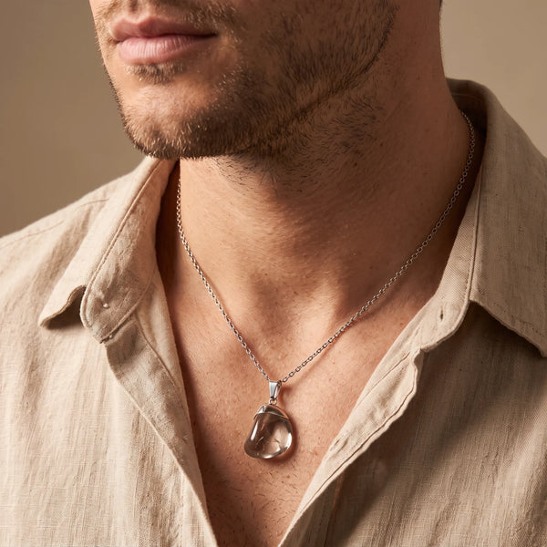 Collier homme pendentif quartz fumé en pierre roulée sur chaîne en acier