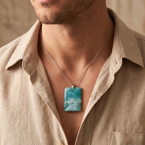Collier homme pendentif plaque en amazonite turquoise sur chaîne acier