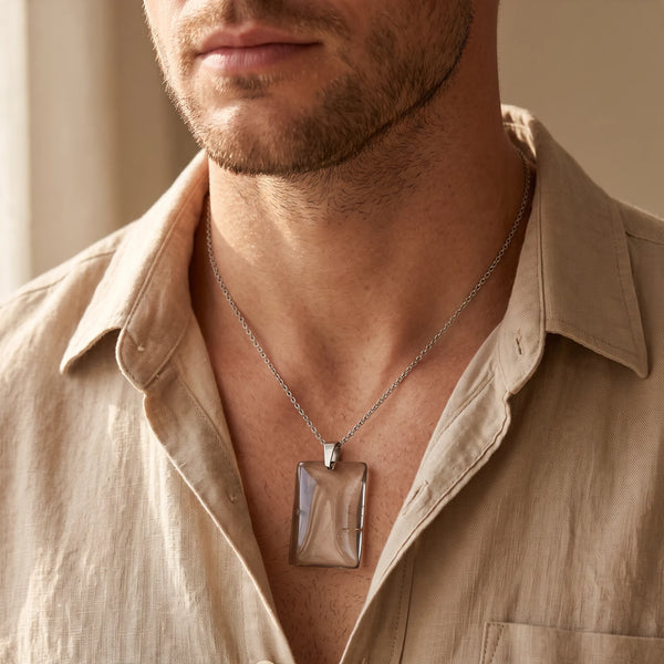 Collier homme pendentif plaque en quartz fumé sur chaîne acier