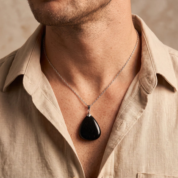 Collier homme pendentif tourmaline noire sur chaîne argentée