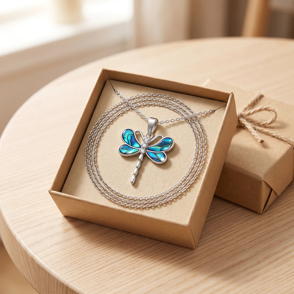 Collier libellule femme en nacre dans une boîte cadeau kraft, idée cadeau