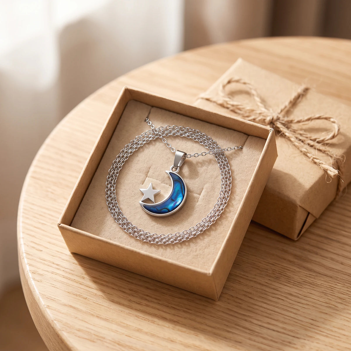 Collier lune et étoile femme en nacre dans une boîte cadeau kraft, idée cadeau