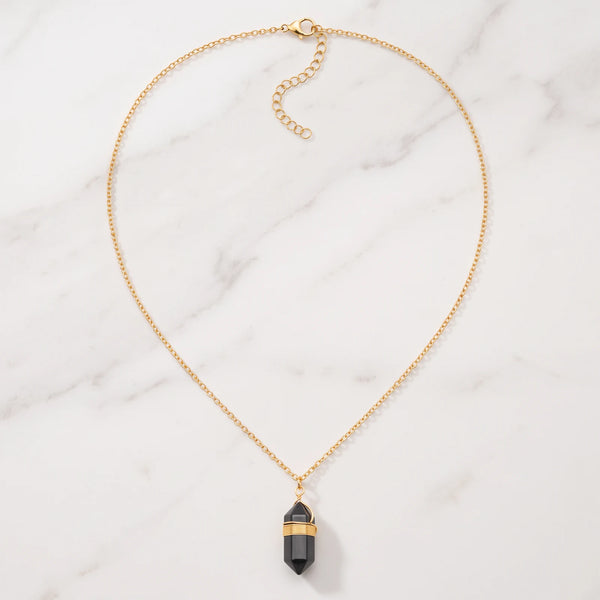 Collier obsidienne noire sur chaîne en acier inoxydable doré de 38 à 43 cm