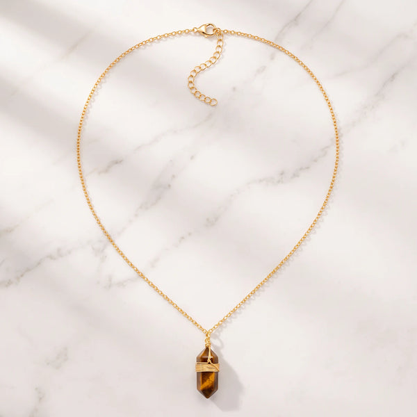 Collier œil de tigre femme sur chaîne dorée en acier inoxydable, 38 à 43 cm