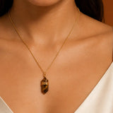 Collier Œil de Tigre Femme, Pendentif Pointe Doré