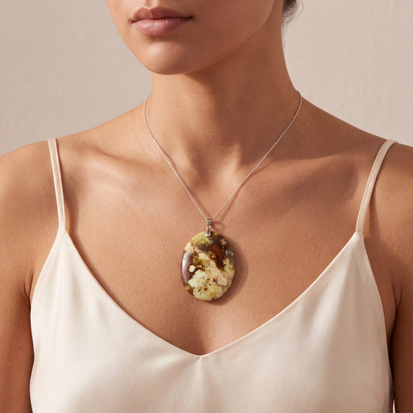 Collier opale verte porté par une femme, pendentif ovale plat vert tendre