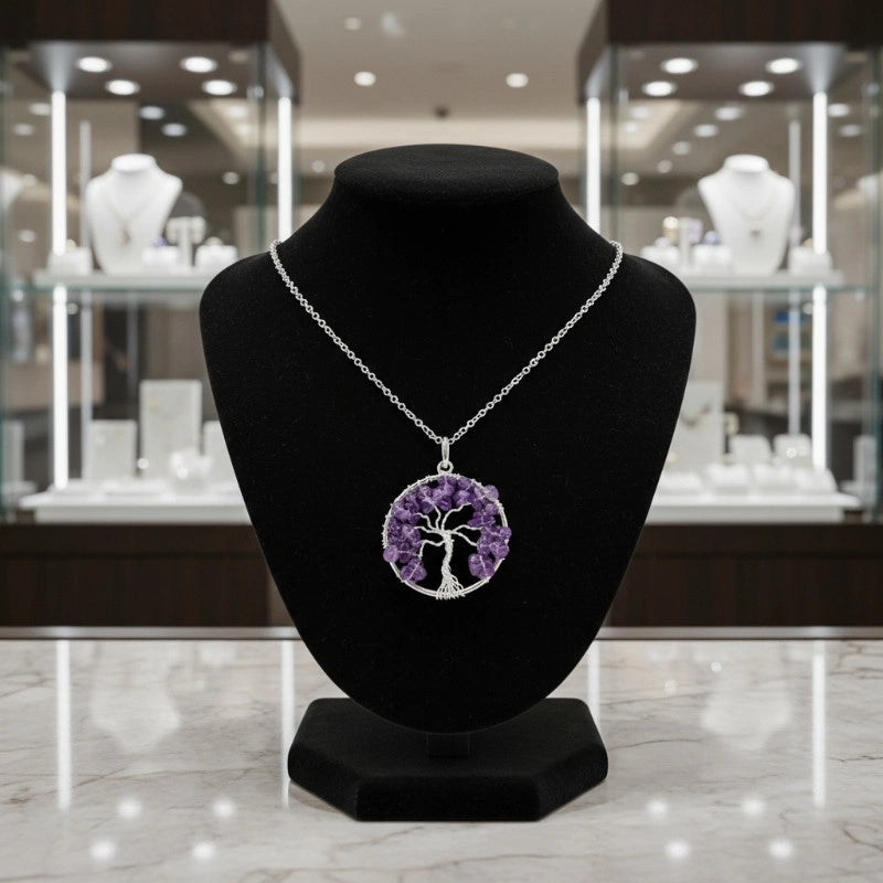 bijou arbre de vie améthyste violet, pendentif en pierre naturelle artisanal