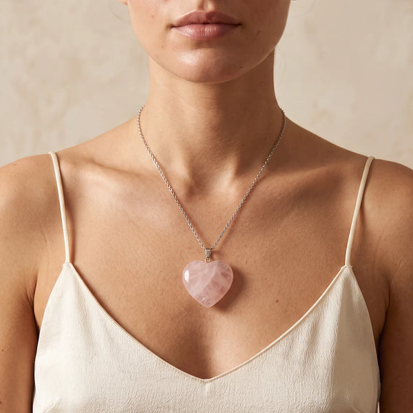 Collier pendentif cœur bombé en quartz rose naturel porté par une femme, chaîne argentée