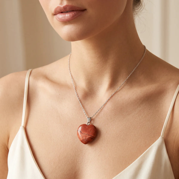 Collier pendentif cœur rouge en jaspe porté par une femme, sur chaîne argentée