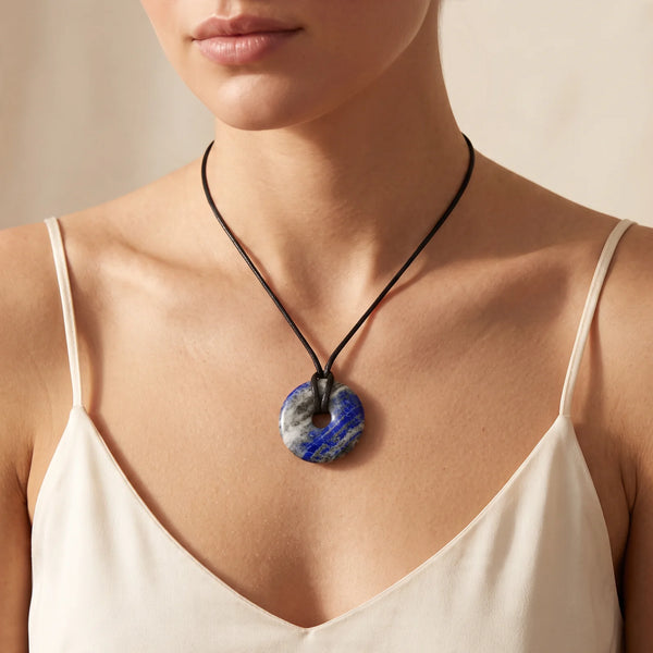 Collier pendentif donut en lapis-lazuli naturel porté par une femme, cordon ciré noir