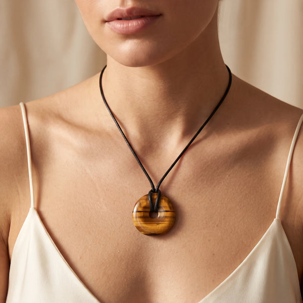 Collier pendentif donut en œil de tigre naturel porté par une femme, cordon ciré noir