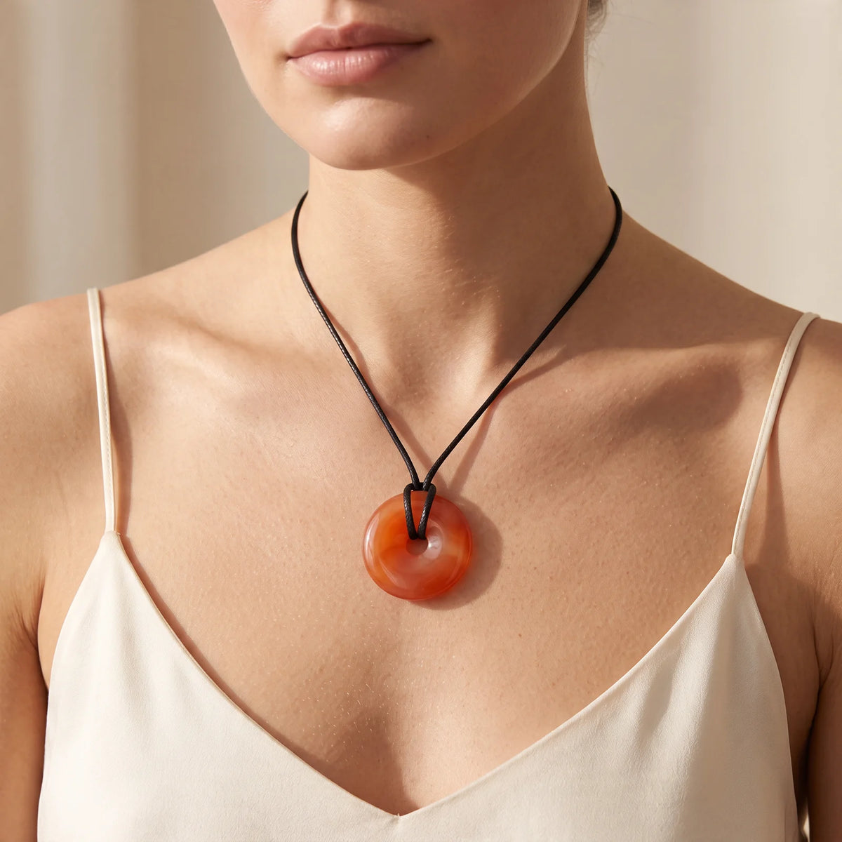 Collier pendentif donut en cornaline naturelle porté par une femme, cordon noir ciré
