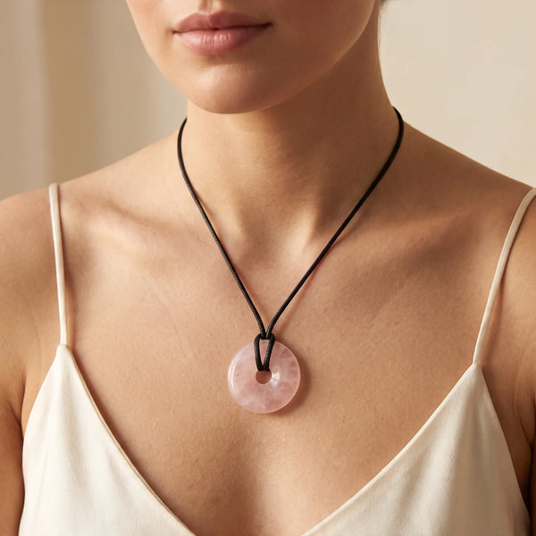 Collier pendentif donut en quartz rose naturel porté par une femme, cordon noir