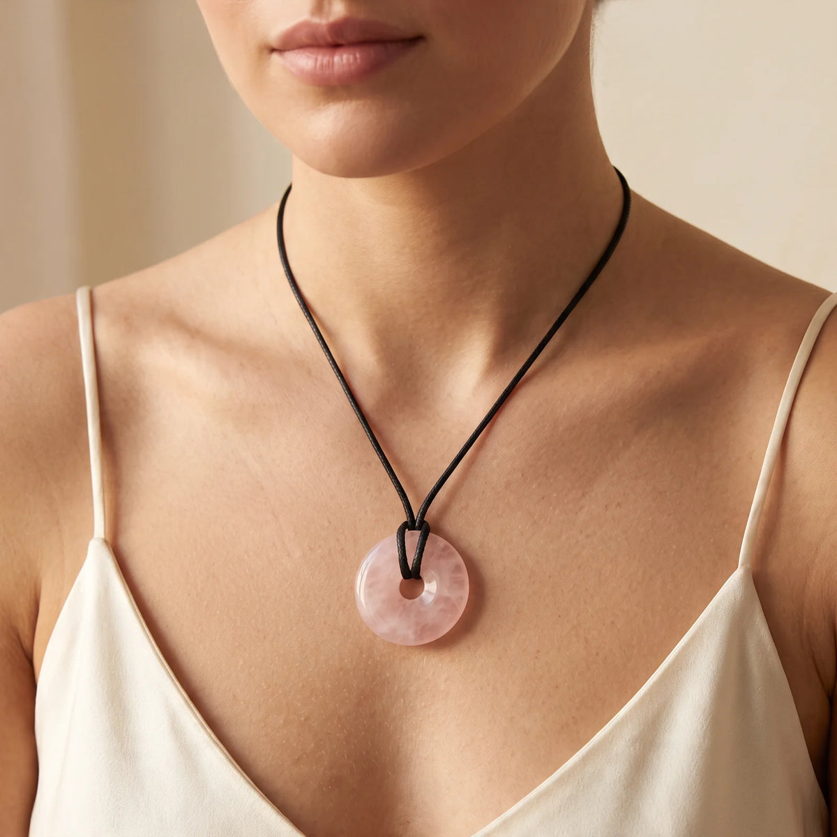 Collier pendentif donut en quartz rose naturel porté par une femme, cordon noir
