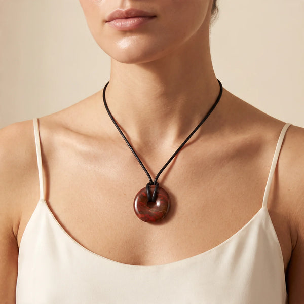 Collier pendentif donut en jaspe bréchia naturel porté par une femme, cordon noir