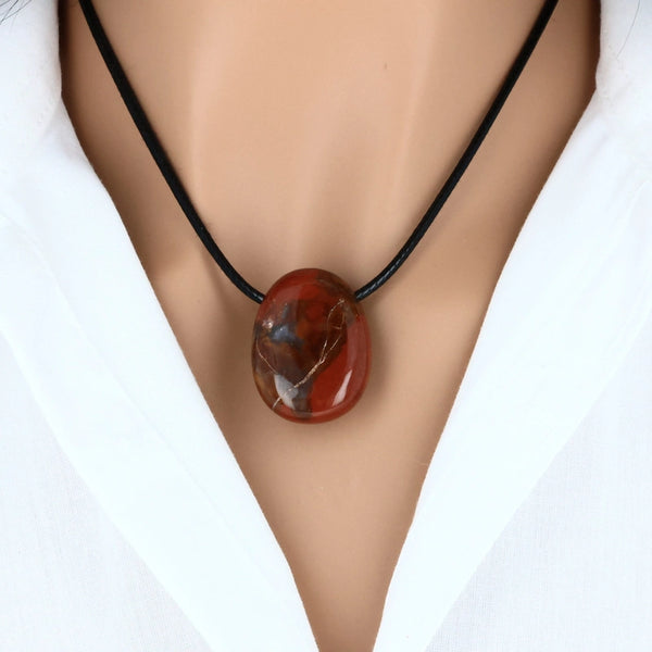 pendentif en pierre naturelle jaspe breschia rouge et brun ovale