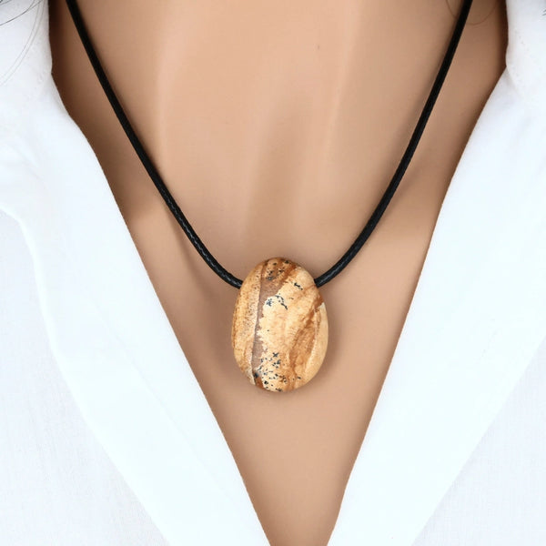 pendentif en pierre naturelle jaspe paysage forme ovale brun sable