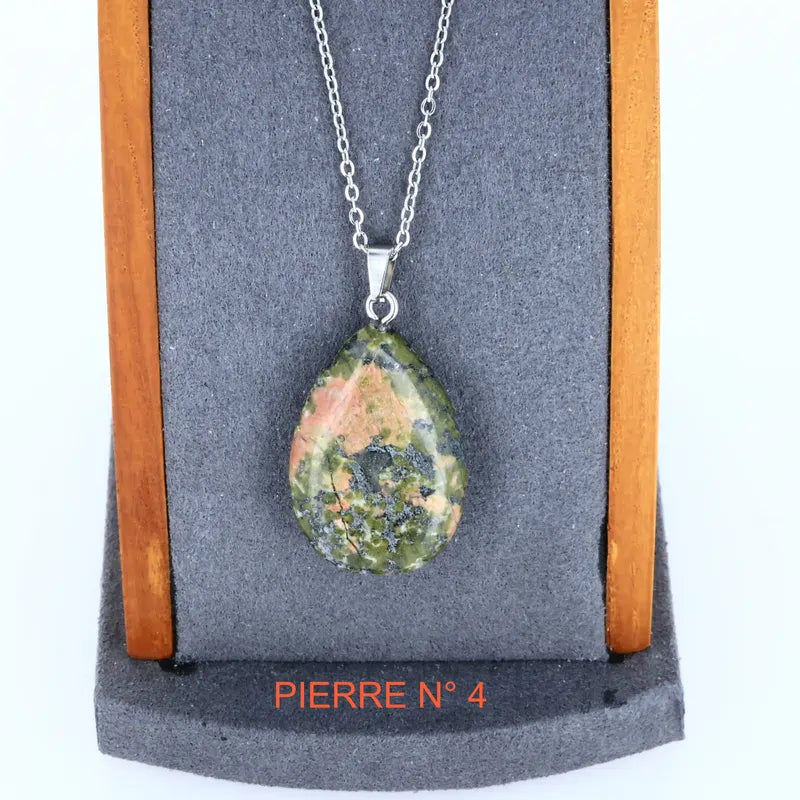 Collier-Pendentif en Unakite Naturelle en forme de goutte, Équilibre et Harmonie