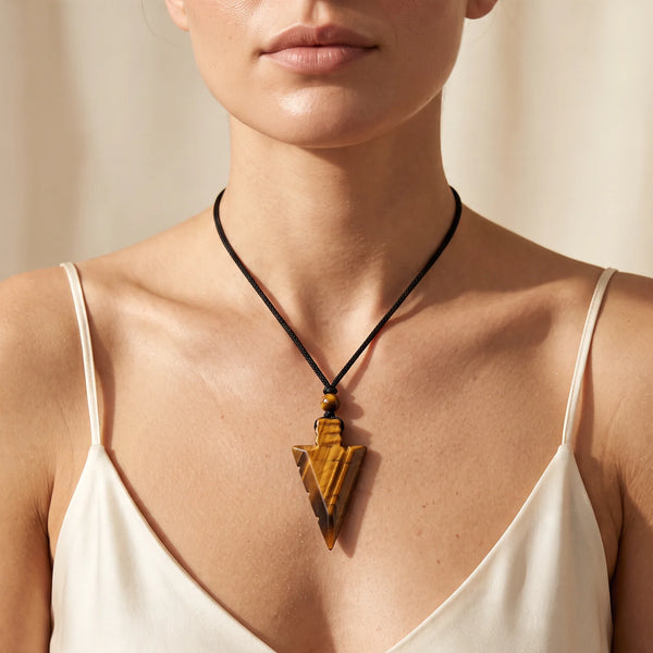 Collier pendentif pointe de flèche en œil de tigre porté par une femme, cordon noir