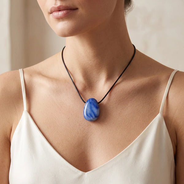 Collier pendentif pierre percée en aventurine bleue naturelle porté par une femme