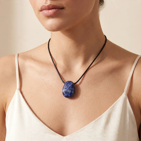 Collier pendentif pierre percée en sodalite bleue naturelle porté par une femme