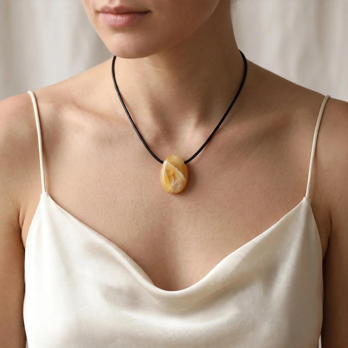 Collier pendentif pierre percée en aventurine jaune naturelle porté par une femme