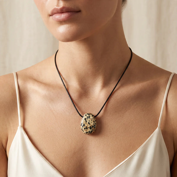 Collier pendentif noir et blanc en jaspe dalmatien, pierre percée portée par une femme
