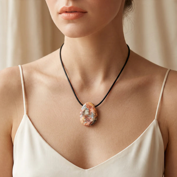 Collier pendentif pierre percée en agate crazy lace porté par une femme, cordon noir