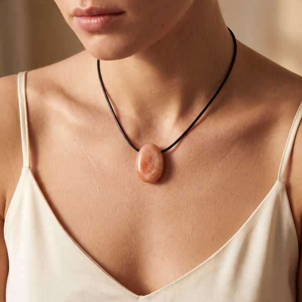 Collier pendentif pierre percée en aventurine pêche naturelle porté par une femme