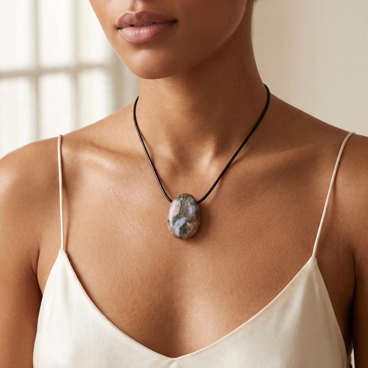 Collier pendentif pierre percée en libérite naturelle porté par une femme, cordon noir